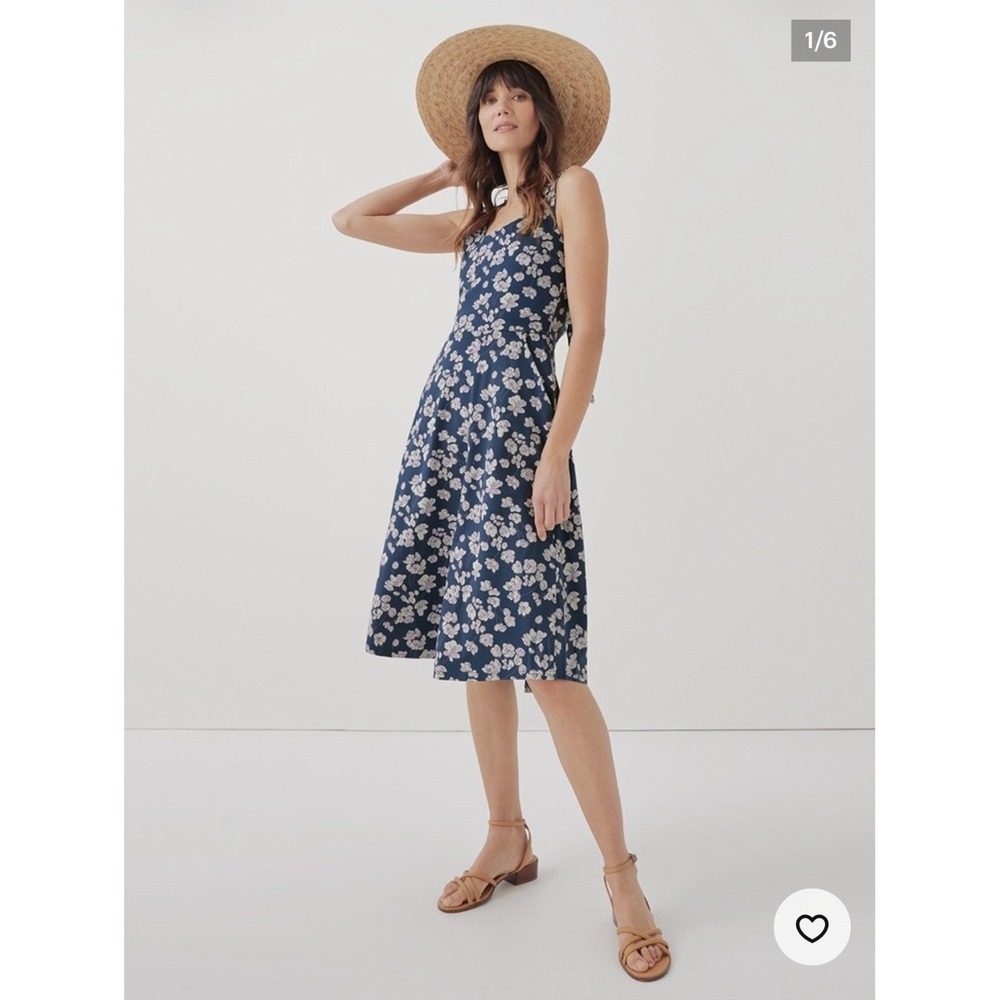Pact Organic Cotton Floral Tie-Back Midi Dress Navy Blue Size Medium Pockets
